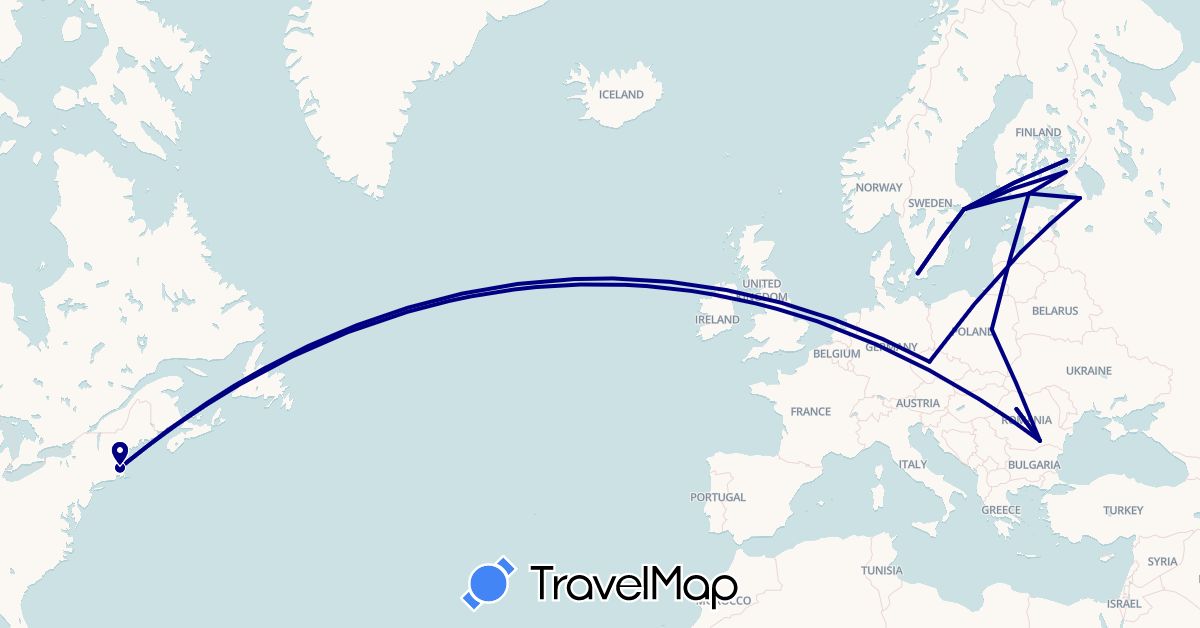 TravelMap itinerary: driving in Czech Republic, Finland, Latvia, Poland, Romania, Russia, Sweden, United States (Europe, North America)