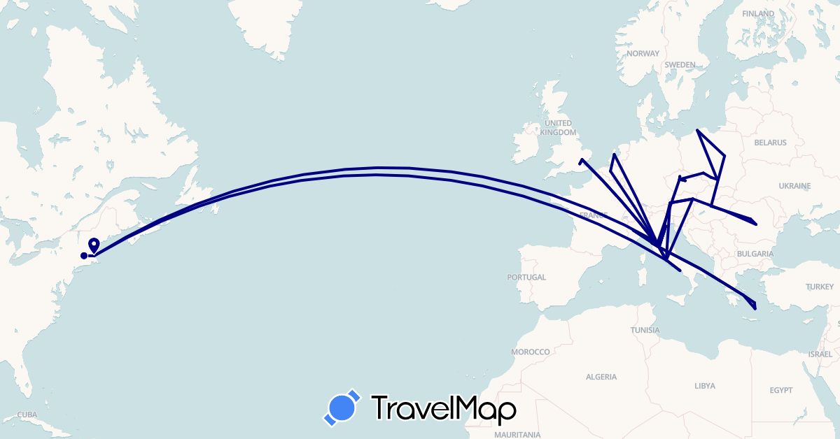 TravelMap itinerary: driving in Austria, Belgium, Czech Republic, United Kingdom, Greece, Hungary, Italy, Netherlands, Poland, Romania, United States (Europe, North America)